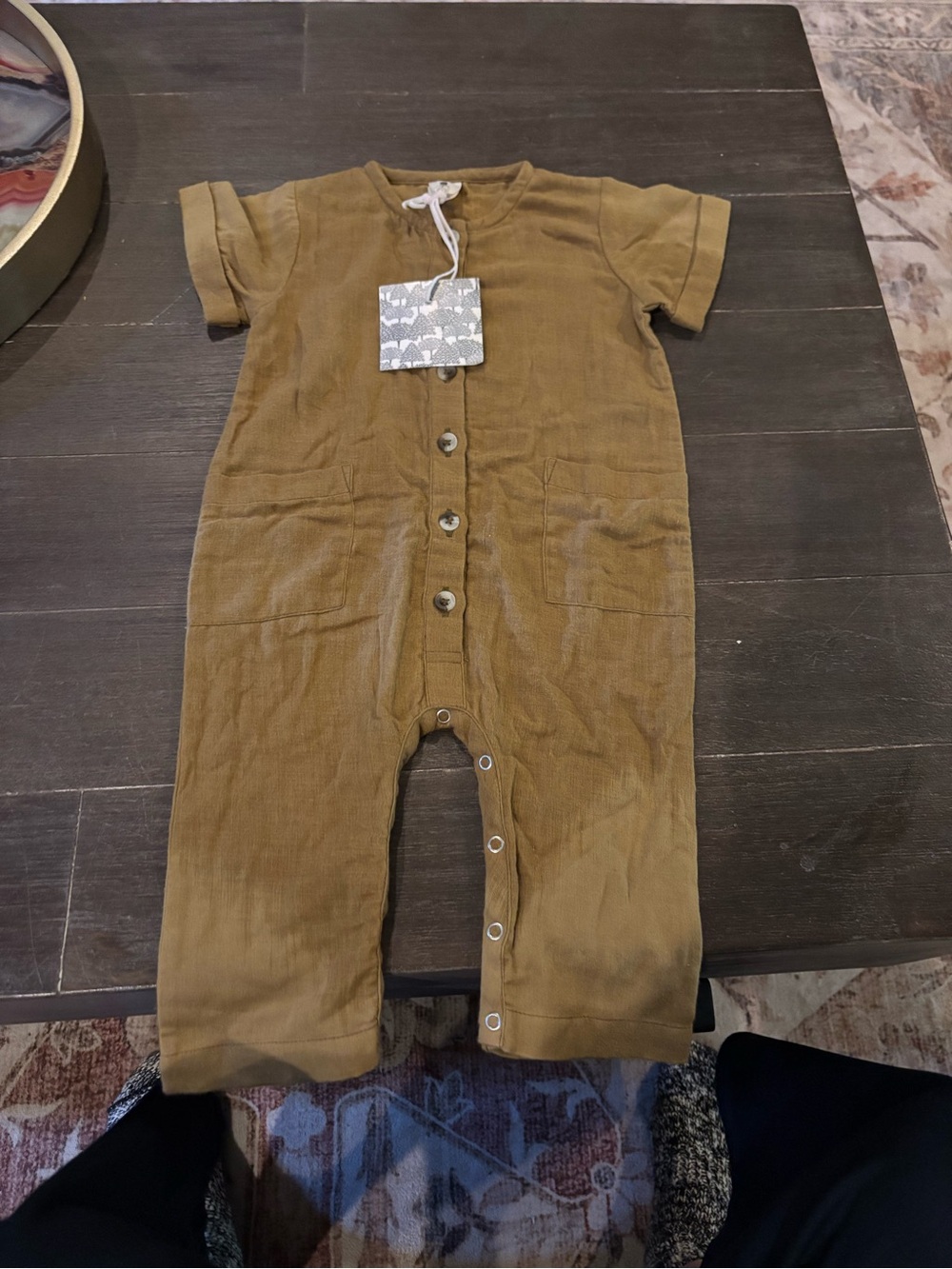 kate quinn Button-Front Baby Romper in Mustard Brown